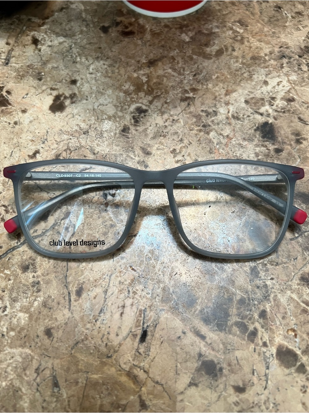 Club Level Designs Men's Gray Rectangle Glasses with Red Accents